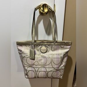Authentic coach Gold shimmer & purple small zippered shoulder bag. 13.5” X 9.5”